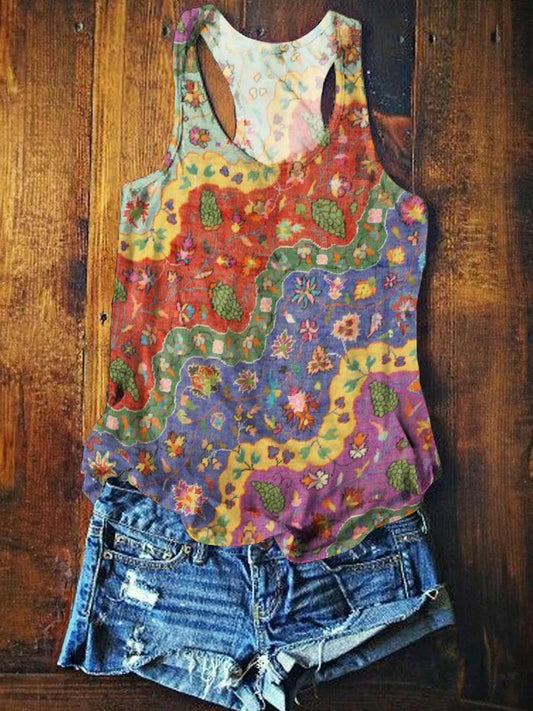 Womens Boho Floral Wave Collage Art Print Tank Top
