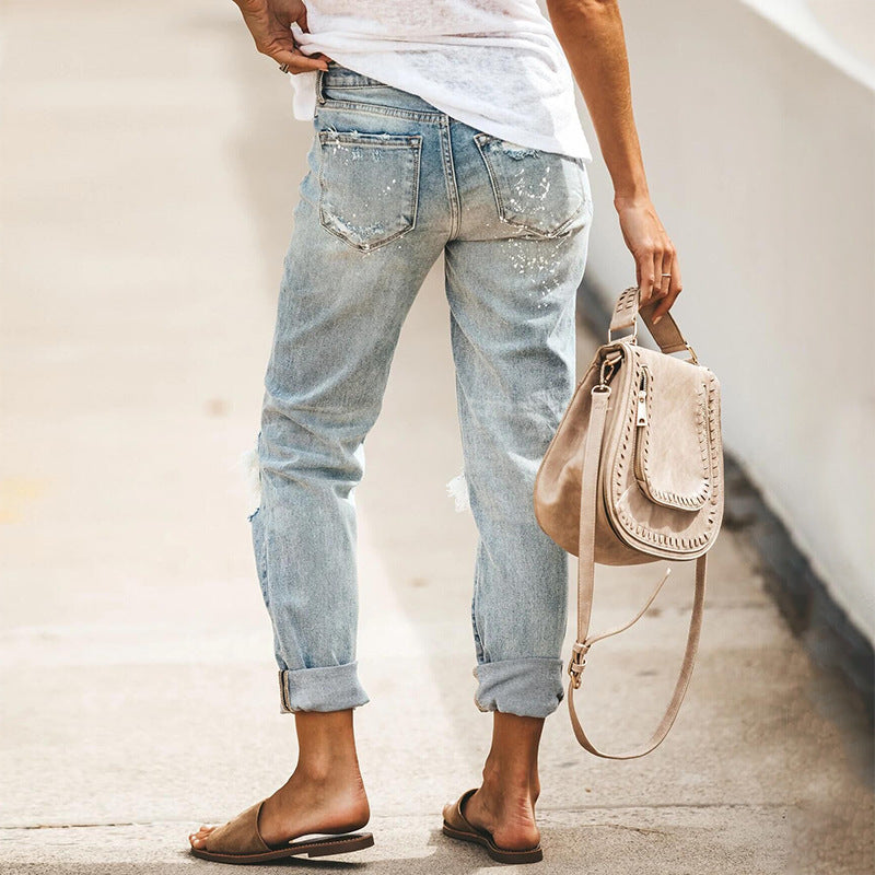 New Style High Elasic Western Streetwear Straight Women Denim Trousers
