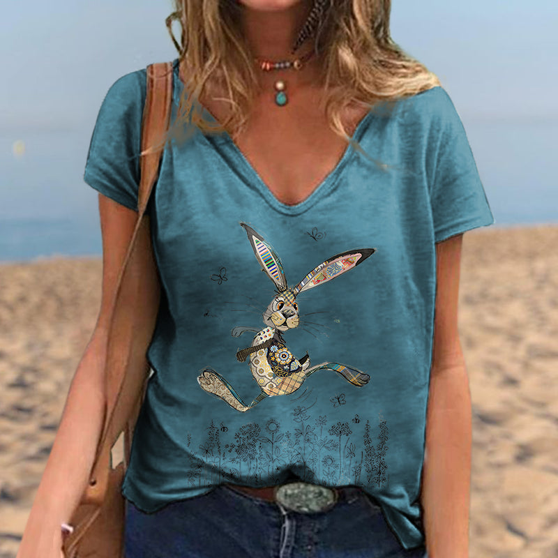 Wildflowers Butterflies Rabbit Printed Women's Casual T-shirt