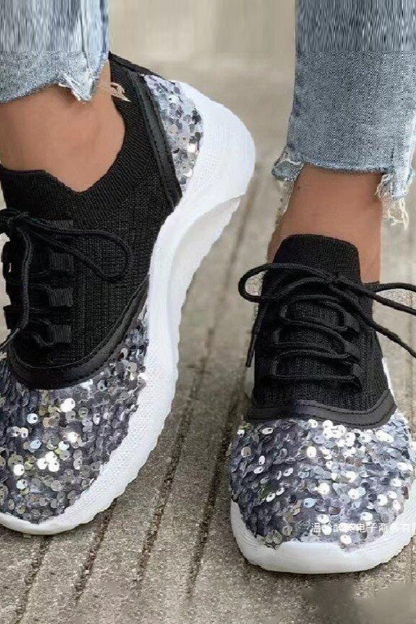 Sequins Fly Knit Lace Up Sneakers