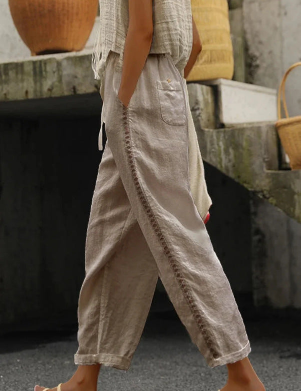Women's Summer Nine-minute Cotton Linen Elastic Waist Pants