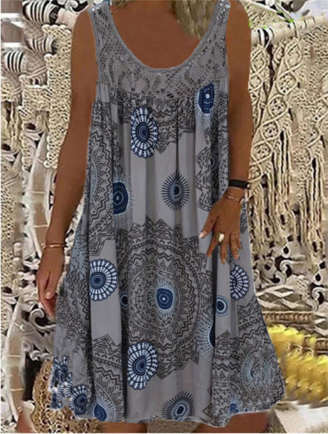 Women's Digital Printed Off-Shoulder Sexy Suspender Loose Dress Lace Casual Skirt