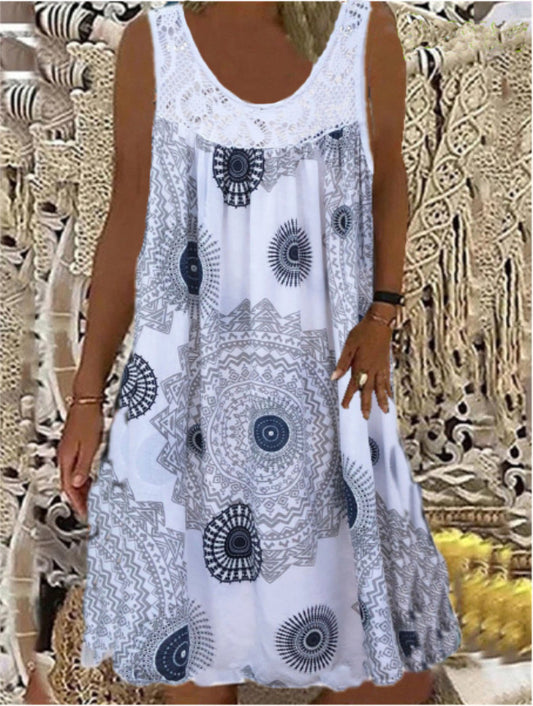 Women's Digital Printed Off-Shoulder Sexy Suspender Loose Dress Lace Casual Skirt