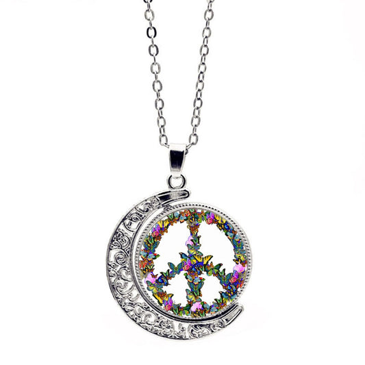 Peace Symbol Time Crystal Pendant Vintage Sweater Chain
