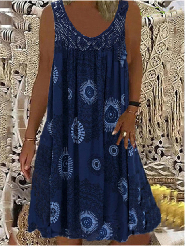 Women's Digital Printed Off-Shoulder Sexy Suspender Loose Dress Lace Casual Skirt
