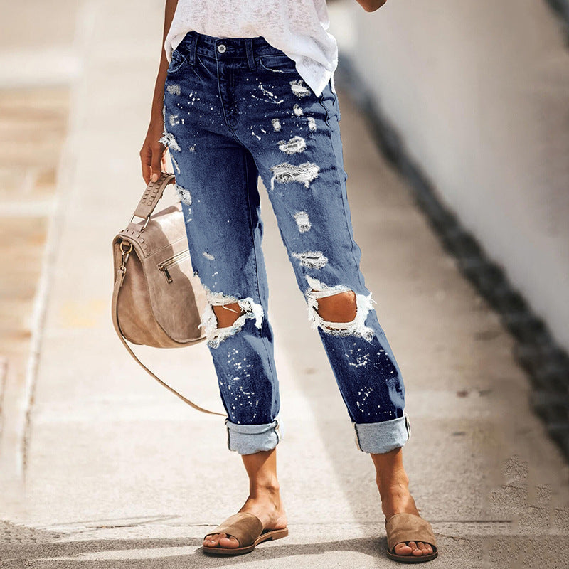 New Style High Elasic Western Streetwear Straight Women Denim Trousers