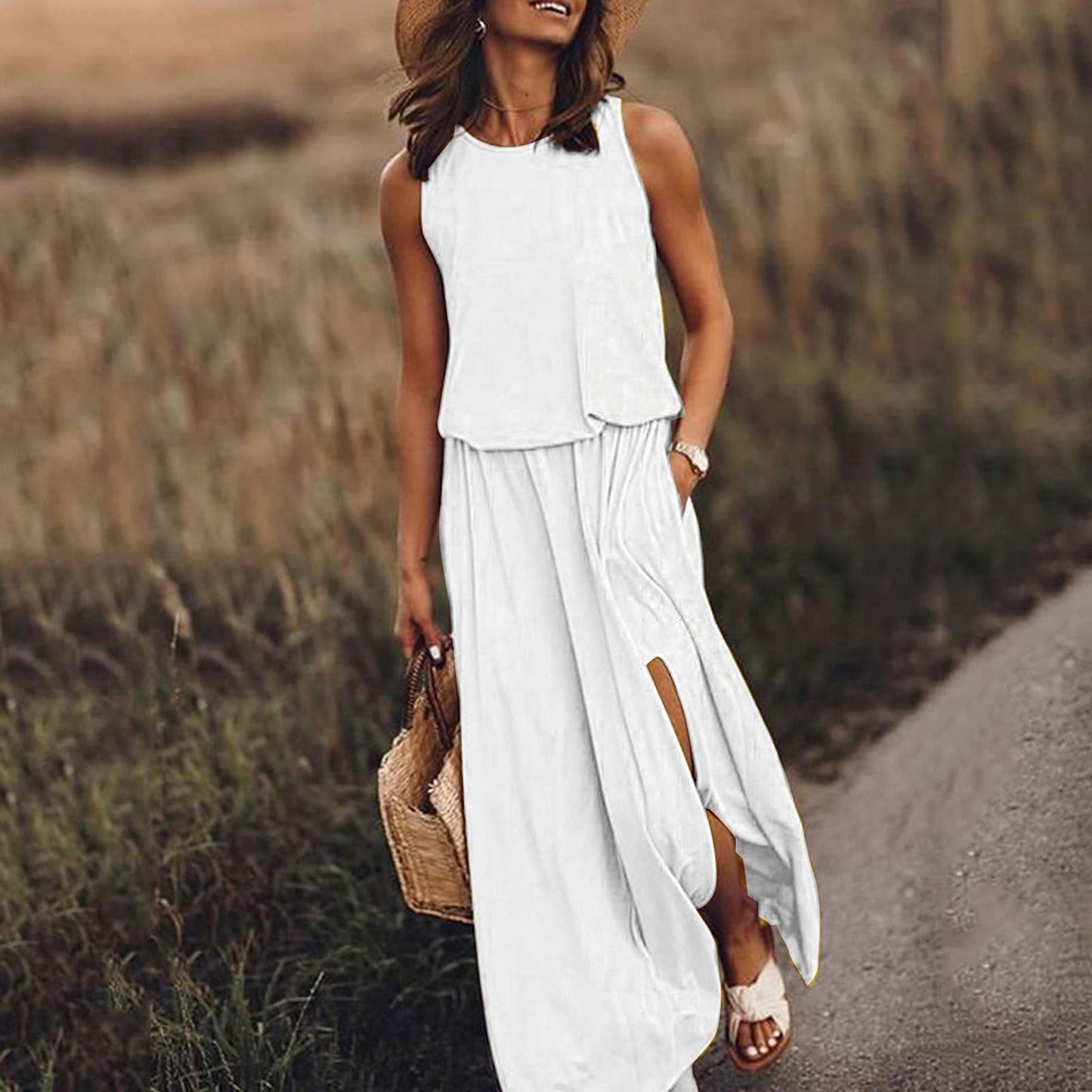 Women's Summer Round Neck Sleeveless Dress Split Solid Colour Dress